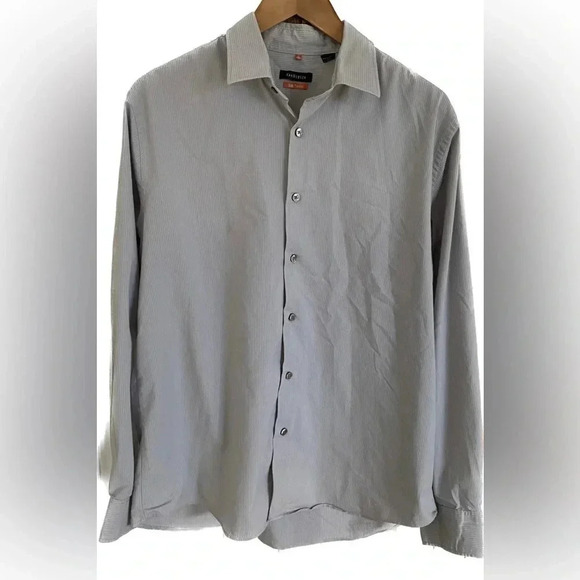 Van Heusen Traveler Cotton Blend Button Down Gray Stripe Dress Shirt Men’s L EUC - Picture 2 of 10